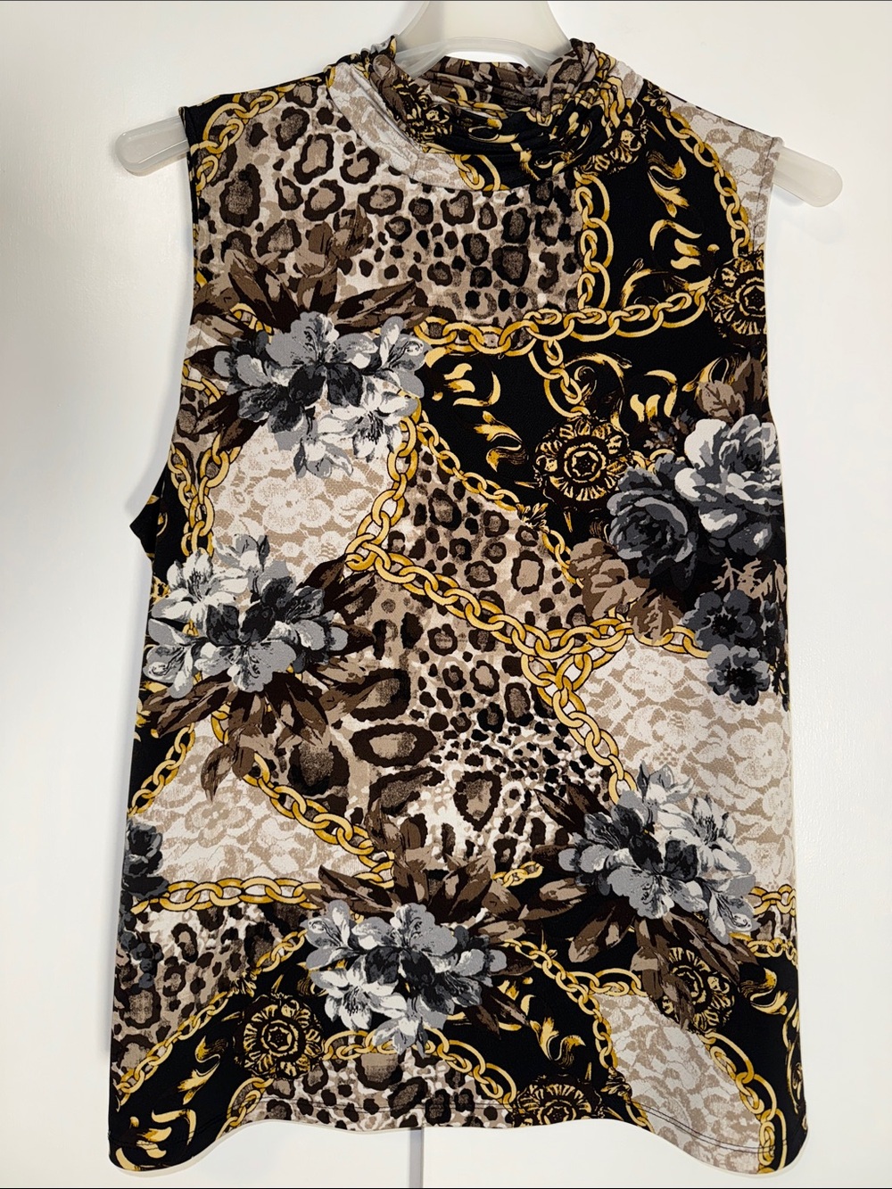Susan Graver Mock Neck Sleeveless Top Floral Lace Animal Print Women’s XL